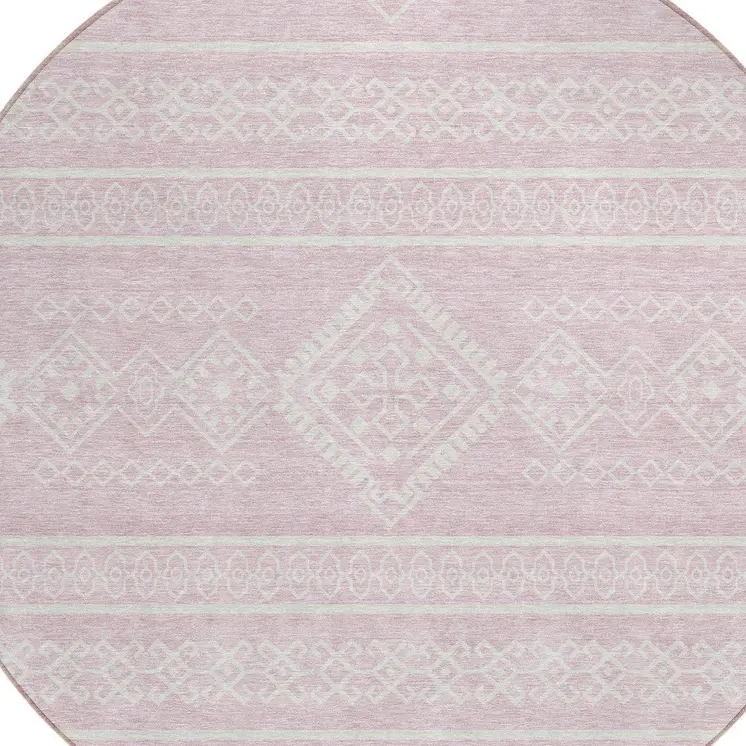 8' Pink And Ivory Round Southwestern Washable Indoor Outdoor Area Rug