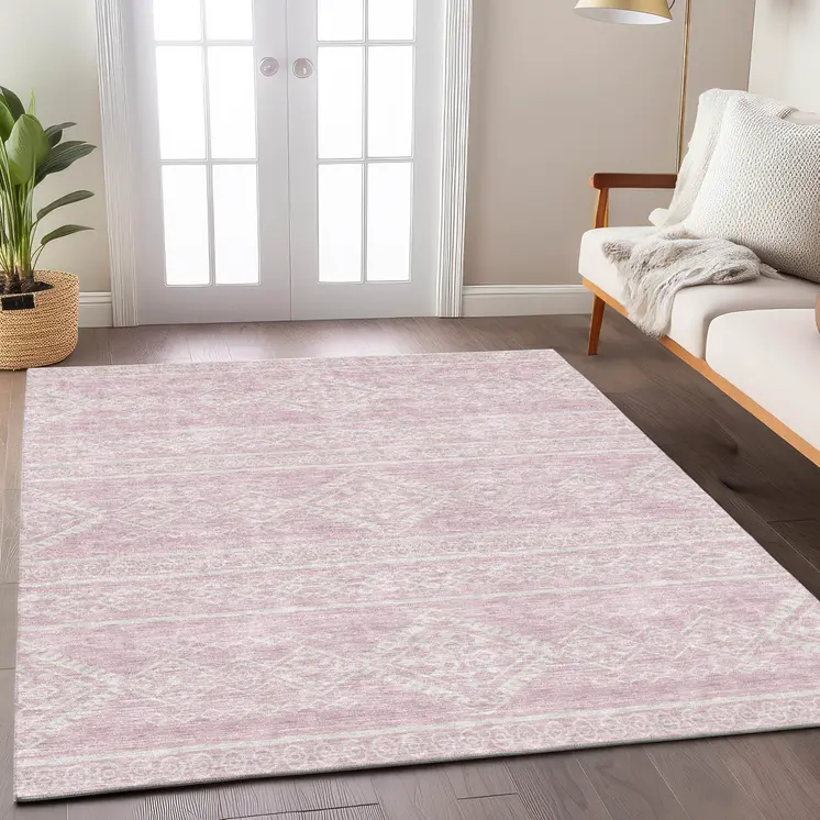 8' X 10' Pink And Ivory Southwestern Washable Indoor Outdoor Area Rug