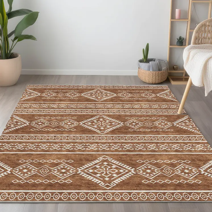 3' X 5' Orange And Ivory Southwestern Washable Indoor Outdoor Area Rug