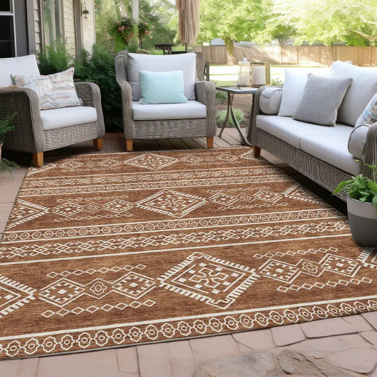 5' X 8' Orange And Ivory Southwestern Washable Indoor Outdoor Area Rug