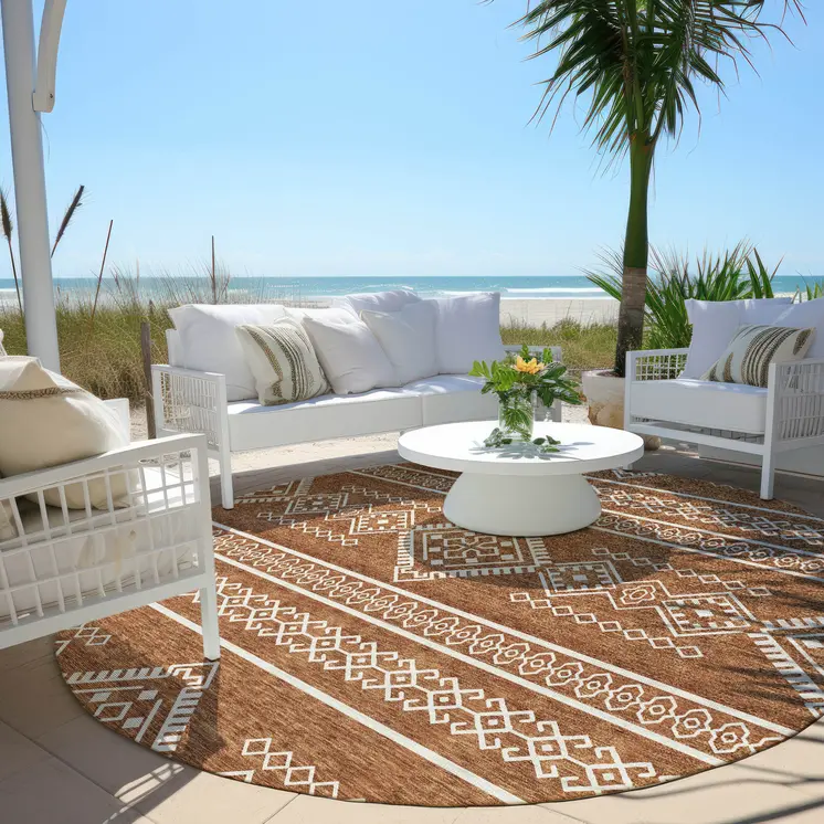 8' Orange And Ivory Round Southwestern Washable Indoor Outdoor Area Rug