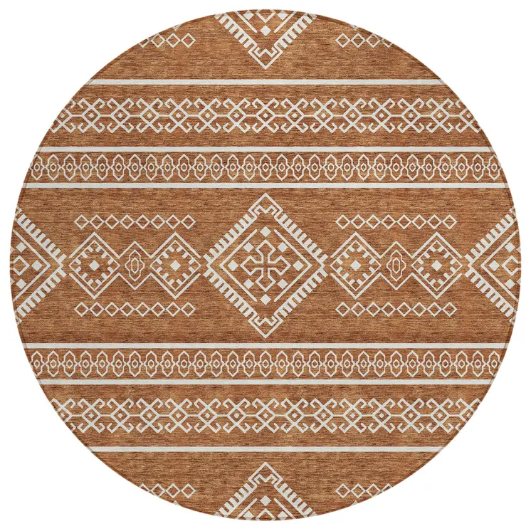 8' Orange And Ivory Round Southwestern Washable Indoor Outdoor Area Rug