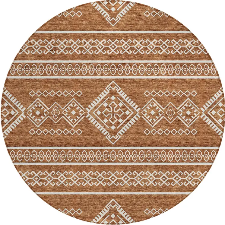 8' Orange And Ivory Round Southwestern Washable Indoor Outdoor Area Rug