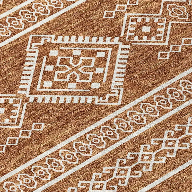 8' Orange And Ivory Round Southwestern Washable Indoor Outdoor Area Rug