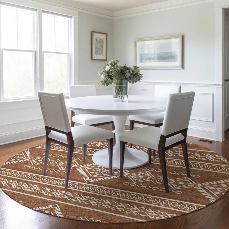 8' Orange And Ivory Round Southwestern Washable Indoor Outdoor Area Rug