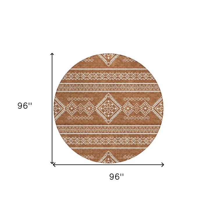 8' Orange And Ivory Round Southwestern Washable Indoor Outdoor Area Rug