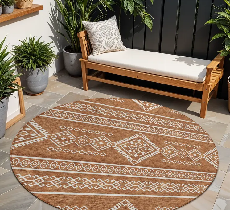 8' Orange And Ivory Round Southwestern Washable Indoor Outdoor Area Rug