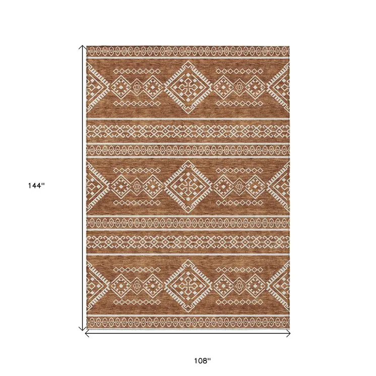 9' X 12' Orange And Ivory Southwestern Washable Indoor Outdoor Area Rug