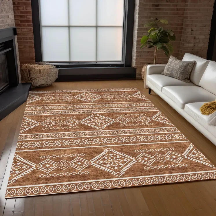 10' X 14' Orange And Ivory Southwestern Washable Indoor Outdoor Area Rug
