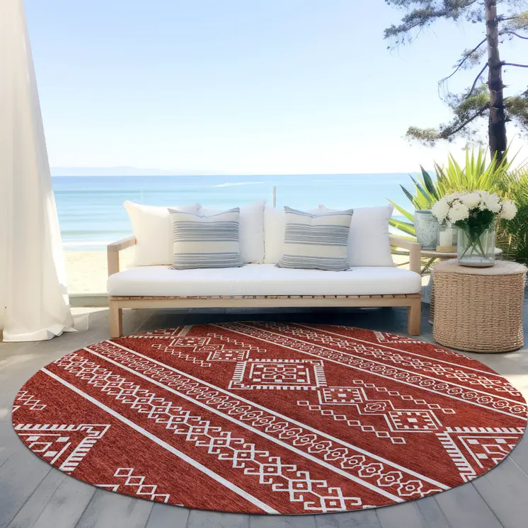 8' Red And Ivory Round Southwestern Washable Indoor Outdoor Area Rug