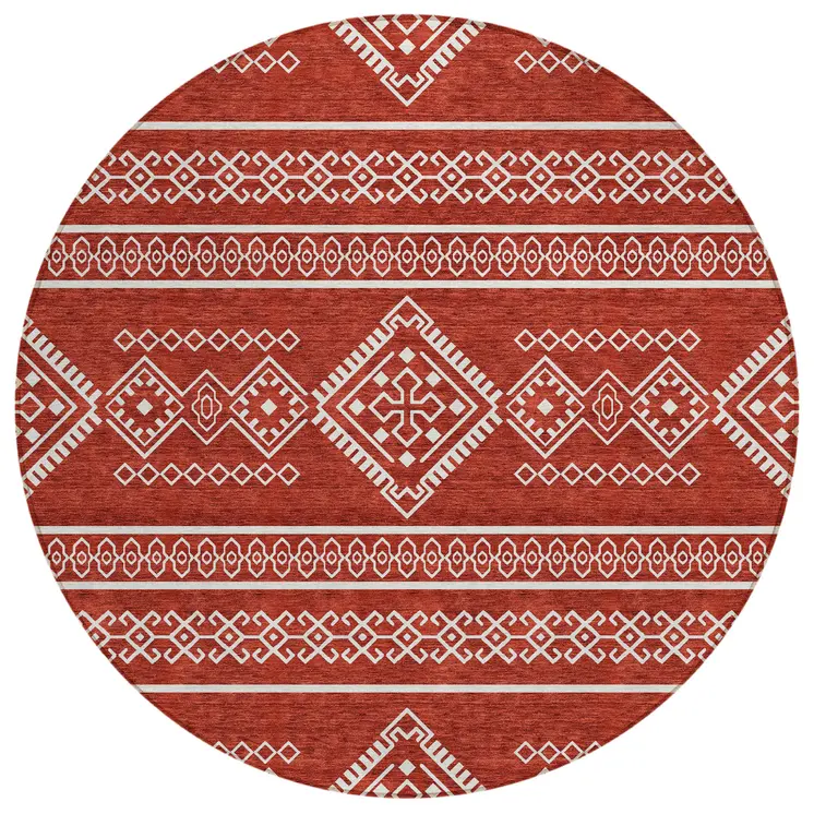 8' Red And Ivory Round Southwestern Washable Indoor Outdoor Area Rug