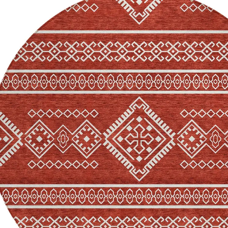 8' Red And Ivory Round Southwestern Washable Indoor Outdoor Area Rug