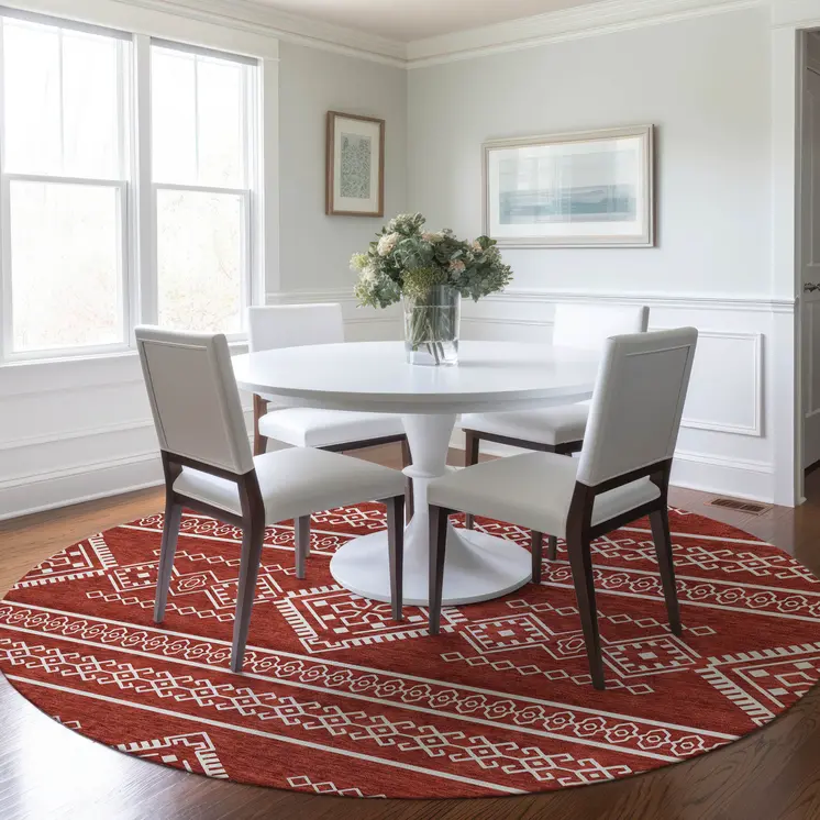 8' Red And Ivory Round Southwestern Washable Indoor Outdoor Area Rug