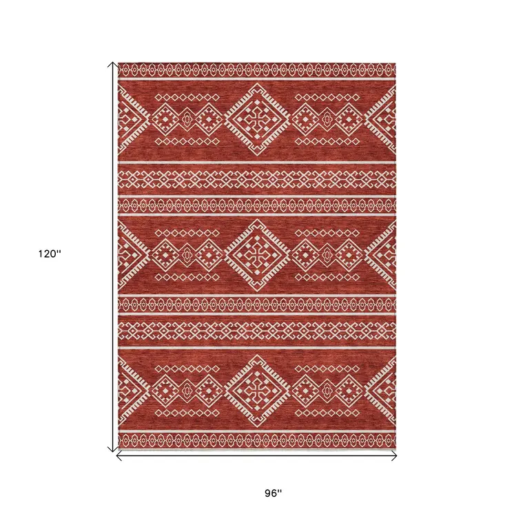 8' X 10' Red And Ivory Southwestern Washable Indoor Outdoor Area Rug