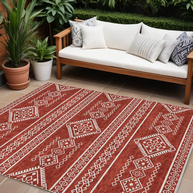 8' X 10' Red And Ivory Southwestern Washable Indoor Outdoor Area Rug