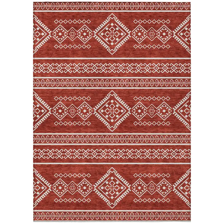 8' X 10' Red And Ivory Southwestern Washable Indoor Outdoor Area Rug