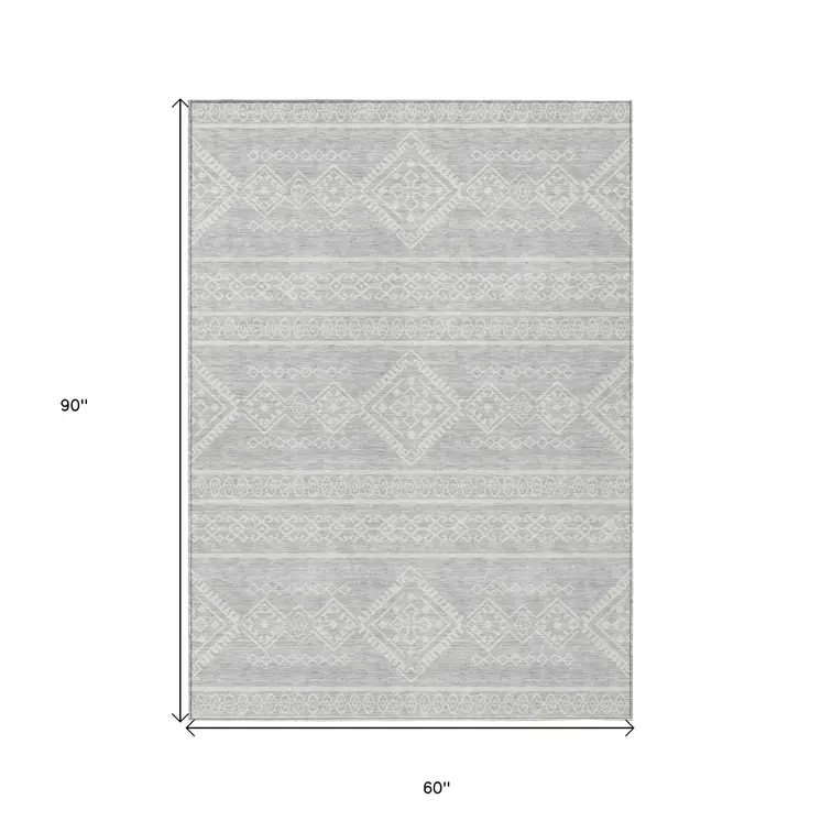 5' X 8' Silver And Ivory Southwestern Washable Indoor Outdoor Area Rug