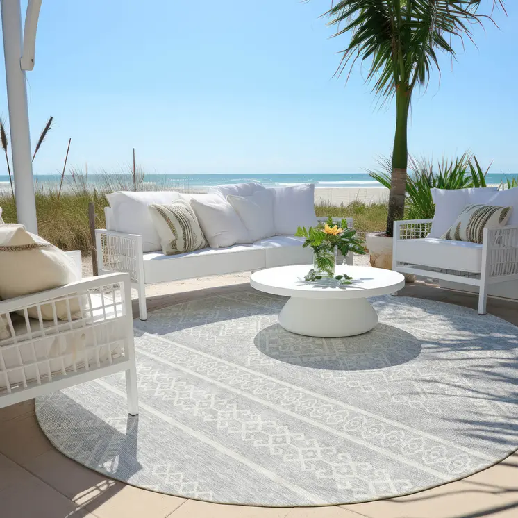 8' Silver And Ivory Round Southwestern Washable Indoor Outdoor Area Rug