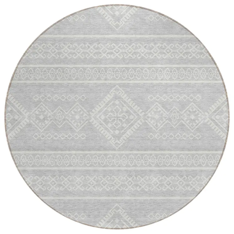 8' Silver And Ivory Round Southwestern Washable Indoor Outdoor Area Rug