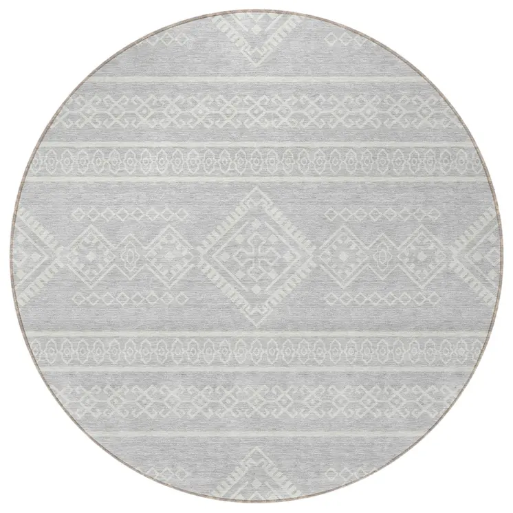 8' Silver And Ivory Round Southwestern Washable Indoor Outdoor Area Rug
