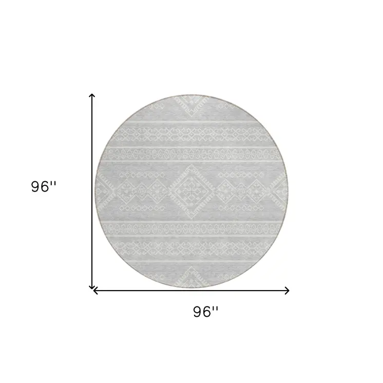 8' Silver And Ivory Round Southwestern Washable Indoor Outdoor Area Rug
