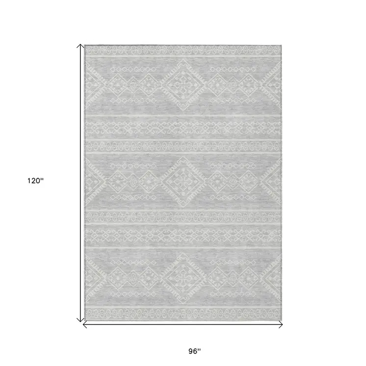 8' X 10' Silver And Ivory Southwestern Washable Indoor Outdoor Area Rug