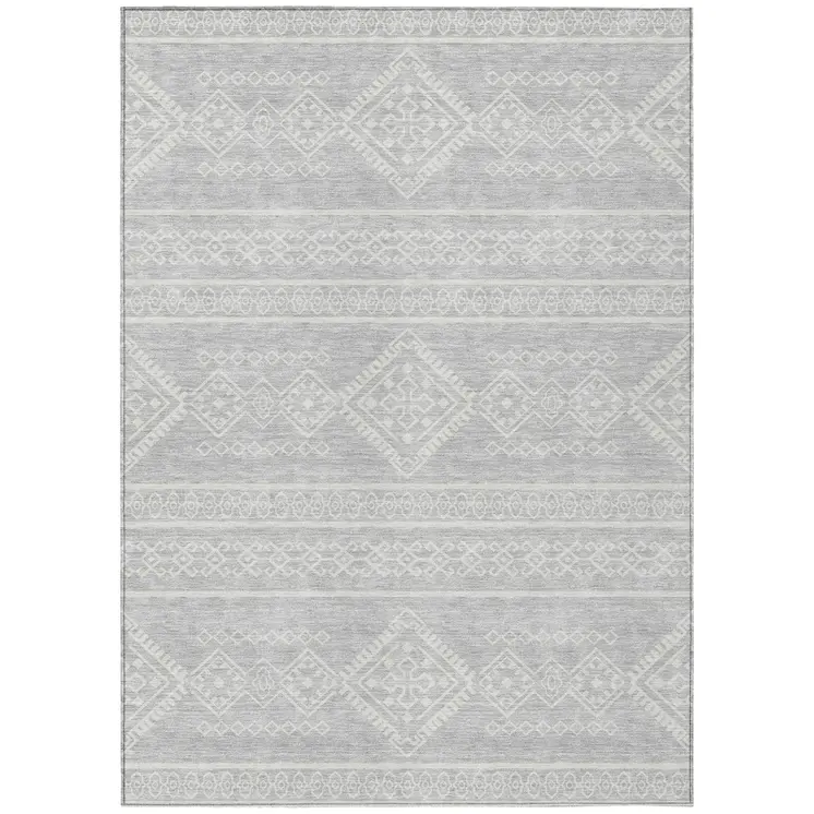 8' X 10' Silver And Ivory Southwestern Washable Indoor Outdoor Area Rug
