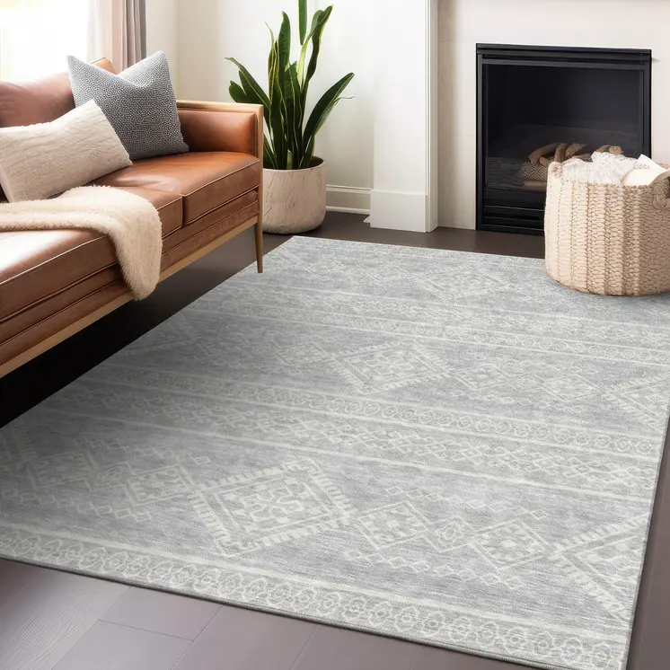 8' X 10' Silver And Ivory Southwestern Washable Indoor Outdoor Area Rug