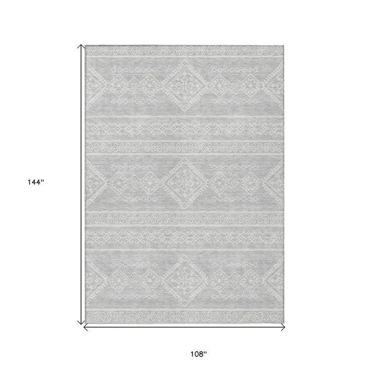 9' X 12' Silver And Ivory Southwestern Washable Indoor Outdoor Area Rug