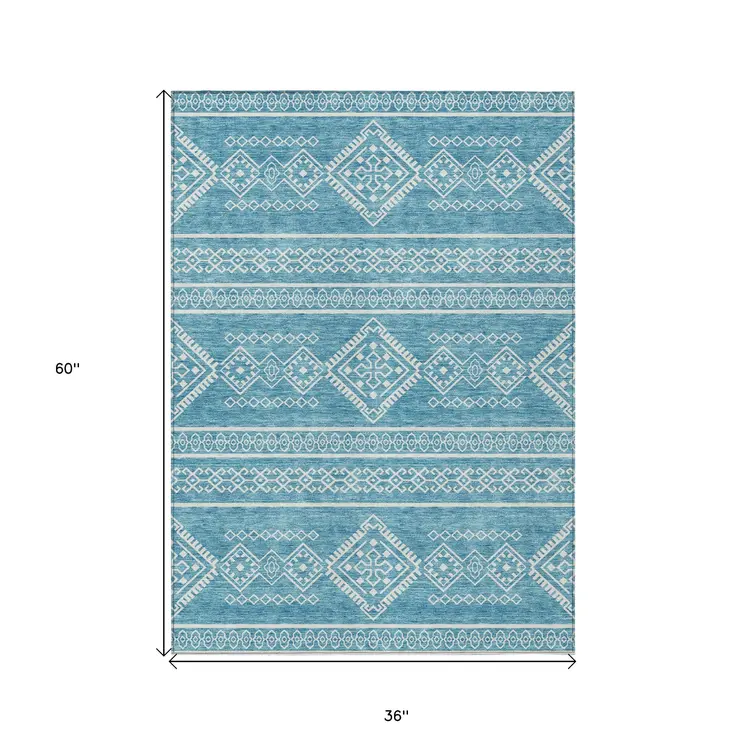 3' X 5' Teal Blue And Ivory Southwestern Washable Indoor Outdoor Area Rug