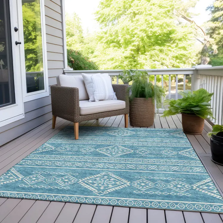 3' X 5' Teal Blue And Ivory Southwestern Washable Indoor Outdoor Area Rug