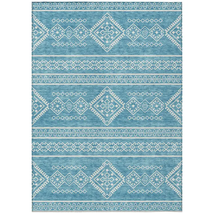 3' X 5' Teal Blue And Ivory Southwestern Washable Indoor Outdoor Area Rug