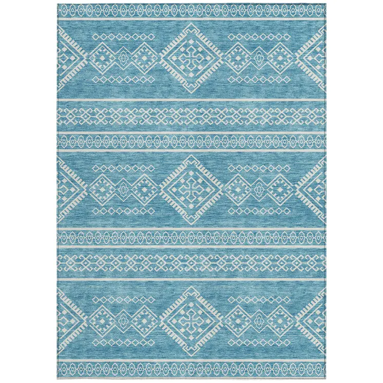 3' X 5' Teal Blue And Ivory Southwestern Washable Indoor Outdoor Area Rug