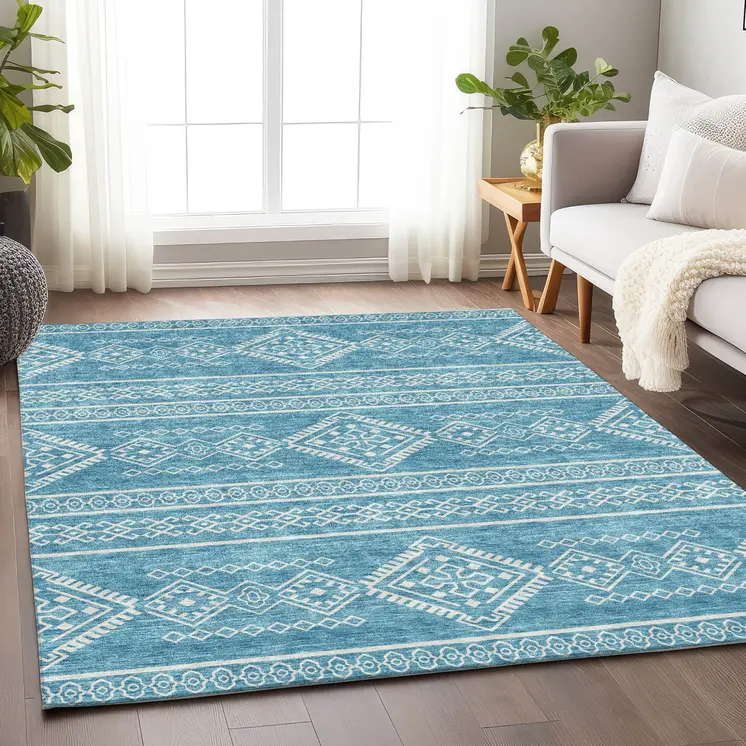 3' X 5' Teal Blue And Ivory Southwestern Washable Indoor Outdoor Area Rug