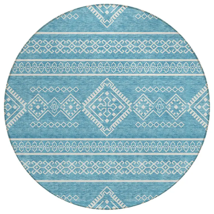 8' Teal Blue And Ivory Round Southwestern Washable Indoor Outdoor Area Rug