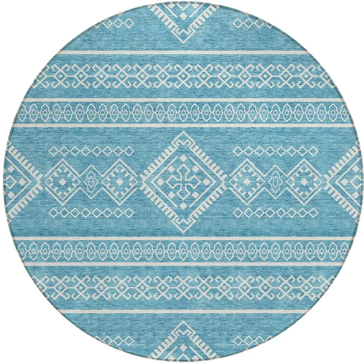 8' Teal Blue And Ivory Round Southwestern Washable Indoor Outdoor Area Rug