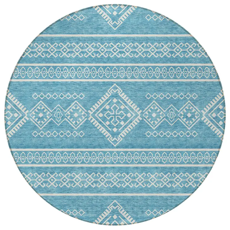 8' Teal Blue And Ivory Round Southwestern Washable Indoor Outdoor Area Rug