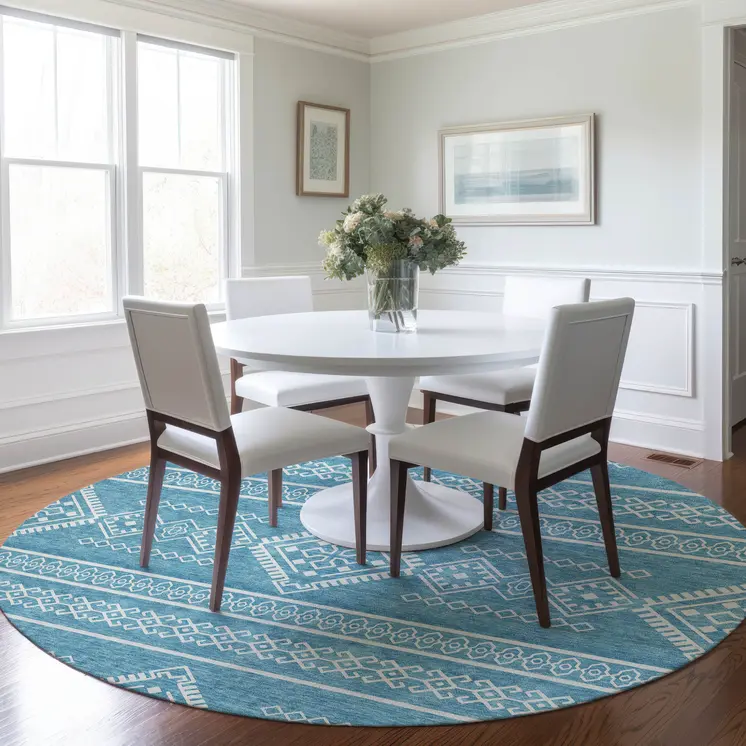 8' Teal Blue And Ivory Round Southwestern Washable Indoor Outdoor Area Rug
