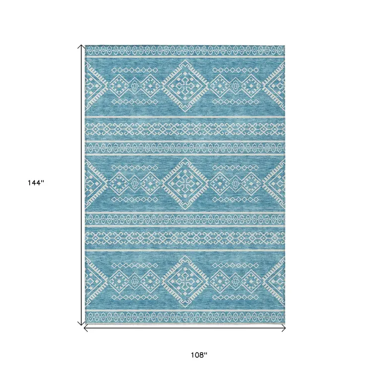 9' X 12' Teal Blue And Ivory Southwestern Washable Indoor Outdoor Area Rug