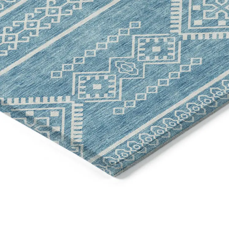9' X 12' Teal Blue And Ivory Southwestern Washable Indoor Outdoor Area Rug