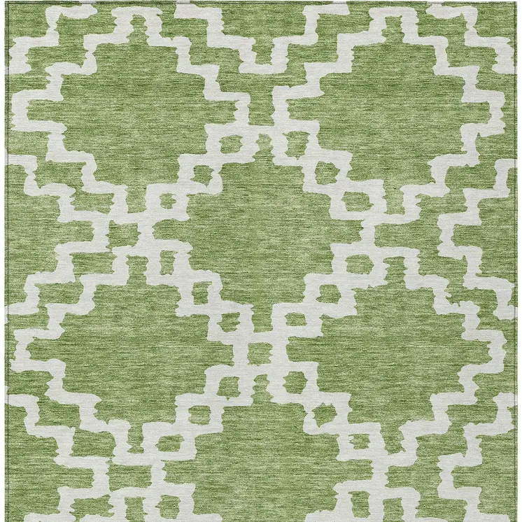 3' X 5' Artichoke Green And Ivory Geometric Washable Indoor Outdoor Area Rug