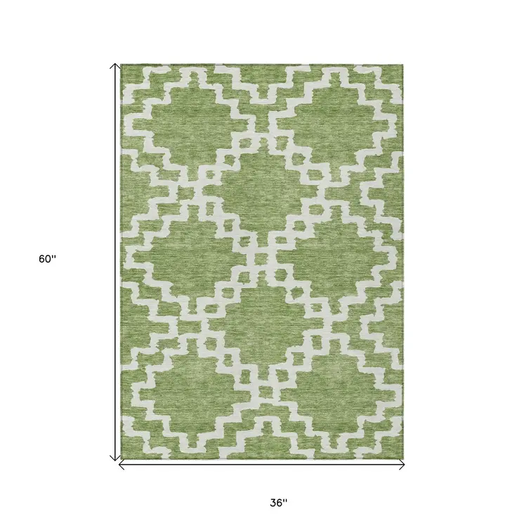 3' X 5' Artichoke Green And Ivory Geometric Washable Indoor Outdoor Area Rug