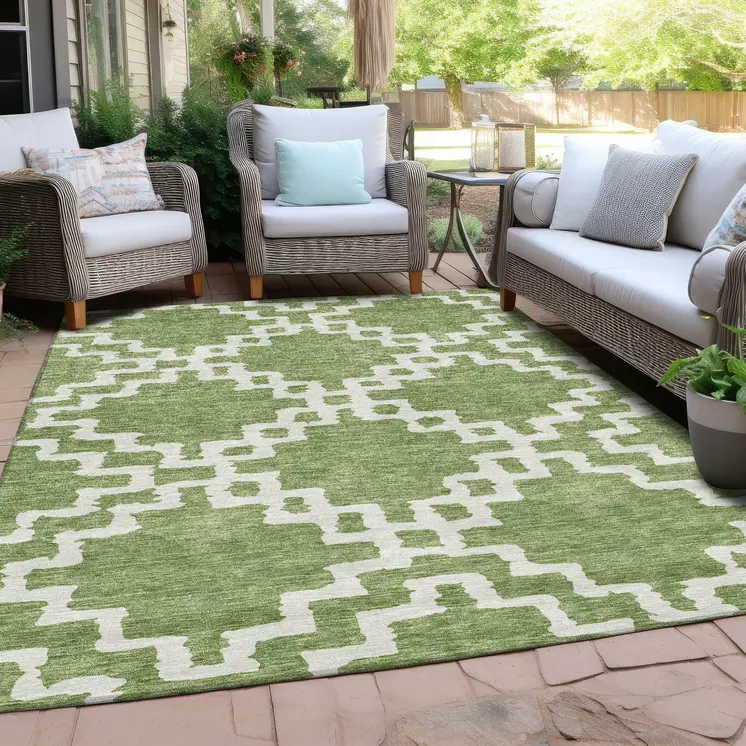 3' X 5' Artichoke Green And Ivory Geometric Washable Indoor Outdoor Area Rug
