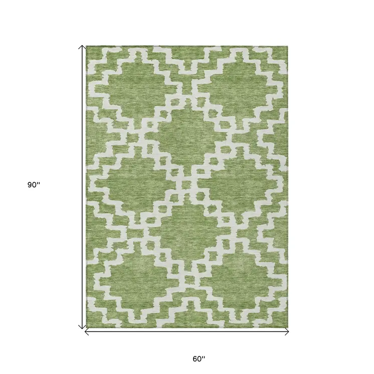 5' X 8' Artichoke Green And Ivory Geometric Washable Indoor Outdoor Area Rug
