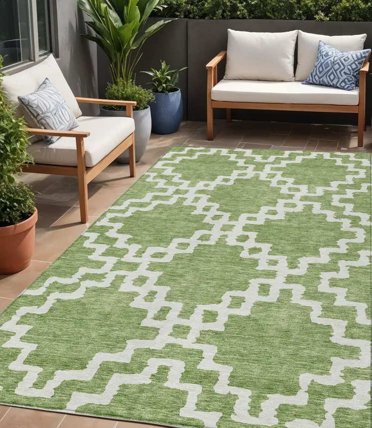 5' X 8' Artichoke Green And Ivory Geometric Washable Indoor Outdoor Area Rug