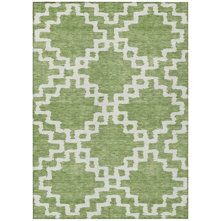 5' X 8' Artichoke Green And Ivory Geometric Washable Indoor Outdoor Area Rug