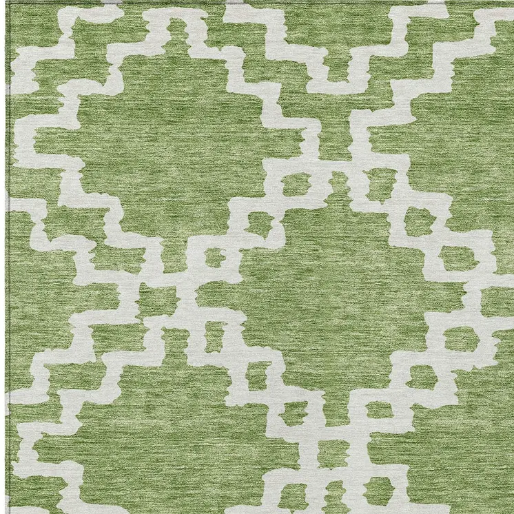 5' X 8' Artichoke Green And Ivory Geometric Washable Indoor Outdoor Area Rug