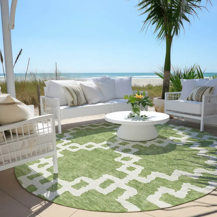 8' Artichoke Green And Ivory Round Geometric Washable Indoor Outdoor Area Rug