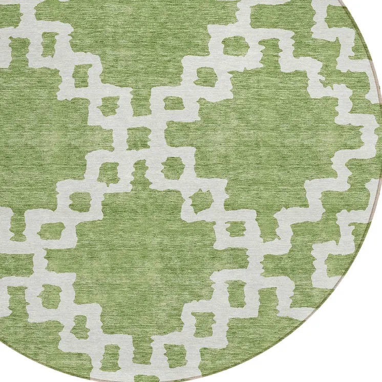 8' Artichoke Green And Ivory Round Geometric Washable Indoor Outdoor Area Rug