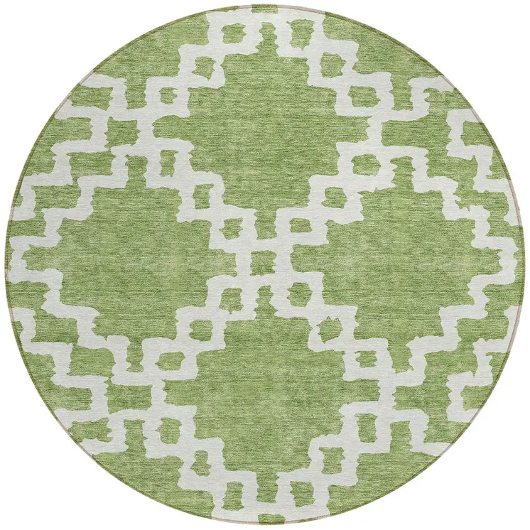 8' Artichoke Green And Ivory Round Geometric Washable Indoor Outdoor Area Rug